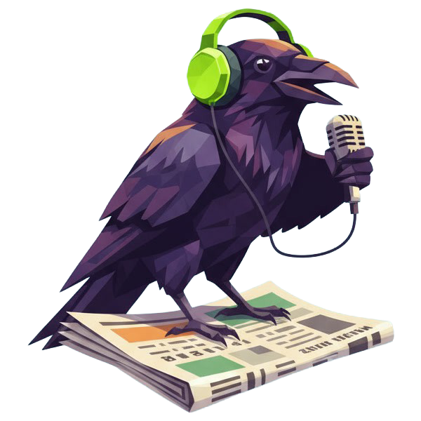 Raving Reporter logo – a raven wearing headphones holding a microphone